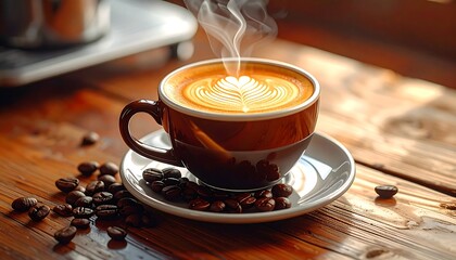 Steaming latte art in a brown cup on a wooden table with coffee beans