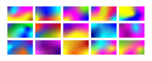 Set of colorful refracted gradients of glass texture background. Trendy striped texture for modern futuristic technology backgrounds, banners, posters, presentations. Vector graphic design element  