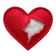 Vibrant crimson felt heart, torn open revealing plush white fiberfill, intricate stitching, frayed, on transparent background. Intimate examination of material structure and texture
