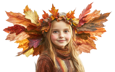 Portrait of a girl in an autumn fairy costume with intricate leaf patterns, capturing magical elegance isolated on transparent background PNG