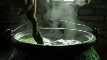 Mysterious Hand Stirring a Bubbling Green Potion in a Dark Cauldron with Steam Rising in a Stone Room Lit by Natural Window Light, Evoking a Sense of - Powered by Adobe