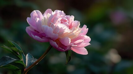   Pink flower with green leaves in sharp focus against blurred background