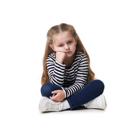 Cute little girl sitting against white background