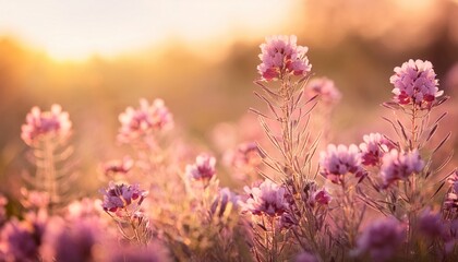 Obraz premium Dreamy Close Up Of Pink Wildflowers Blooming In A Soft Meadow With Warm Golden Sunset Bokeh Delicate Floral Nature Background Perfect For Romantic Spring And Garden Themes