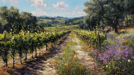 Obraz premium A vivid painting of a vineyard filled with blossoming flowers in the foreground and a serene blue sky adorned with fluffy clouds in the background