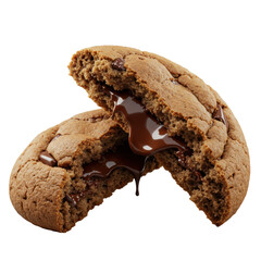 Gourmet, freshly baked chocolate chip cookie dynamically broken, revealing molten chocolate core, soft interior, crispy edges, steam rising, on transparent background, ultra-macro, dramatic
