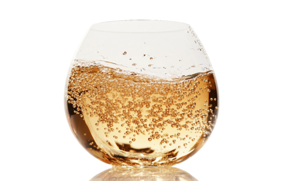 Elegant glass filled with golden champagne with bubbles rising delicately, capturing luxurious effervescence and sophistication isolated on transparent background PNG