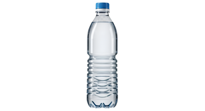 Clear Plastic Water Bottle with Blue Cap on Black Background