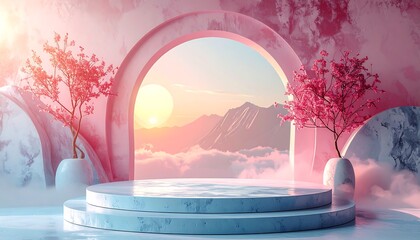 Serene, pink-toned scene with a stage and cherry blossom trees