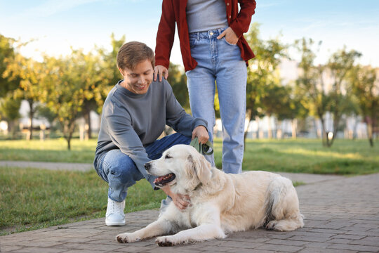Happy couple with their adorable golden retriever dog in park - Powered by Adobe