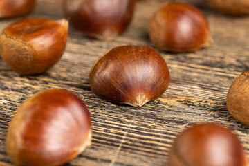 a hard edible chestnut fruit in a brown shell on a table, a group of raw fruits of chestnut with a hard shell of brown color