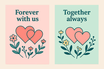 Intertwined Hearts and Flowers. Forever with us. Two vertical A6 banners with safe margins, centered composition, no elements touching edges, flat vector