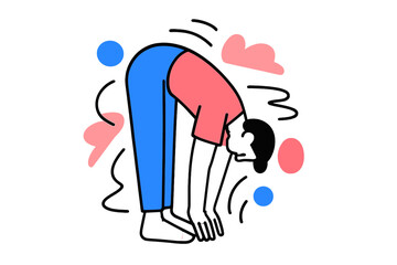 Fototapeta premium Dynamic Yoga Pose. Forward Fold. Person bending forward from standing, arms reaching toward toes, abstract motion lines and floating shapes emphasizing