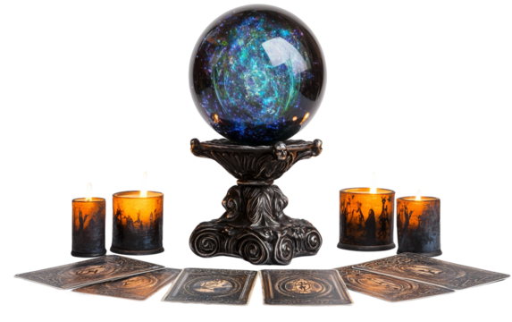 Glowing crystal ball resting on an ornate stand, radiating mystical light and captivating magical energy isolated on transparent background PNG - Powered by Adobe