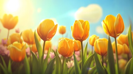 A Vibrant Display of Golden Tulips Under Bright Sunlight in a Colorful Garden Setting with Soft Clouds and Clear Blue Skies Creating a Picturesque Spring Scene