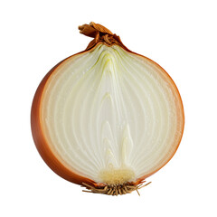 Brown onion cut in half, glistening pearly white layers, papery golden skin, earthy root fibers, on solid transparent background with soft shadow, macro, low angle. Concept of intricate natural