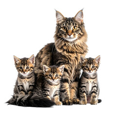 A fluffy adult cat with four kittens, all looking forward against a stark black background