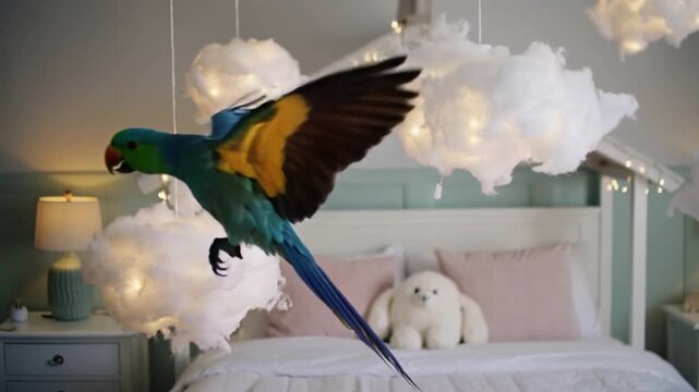 Colorful parrot flying in a cozy bedroom