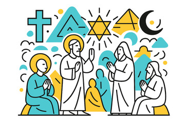 Ancient Spiritual Gathering. Historical Religious Gathering. Abstract depiction of ancient spiritual gathering with floating symbols, geometric structures, and