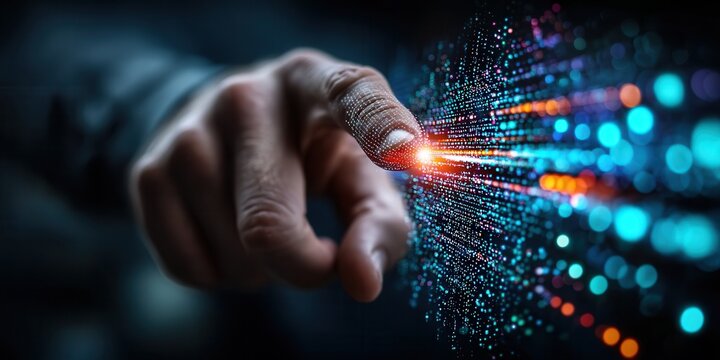 Fingers Connecting With Vibrant Digital Data Points in a Futuristic Environment