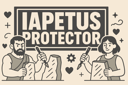 Iapetus Protector Banner. Iapetus Protector banner, flat vector illustration, bold oversized text inside rectangular frame, cartoon characters standing and