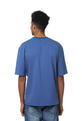 Fototapeta premium Man wearing blue t-shirt on white background, back view. Mockup for design