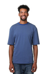 Fototapeta premium Man wearing blue t-shirt on white background. Mockup for design