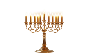 Golden Hanukkah menorah with all nine candles lit, radiating warm light and traditional festive charm isolated on transparent background PNG