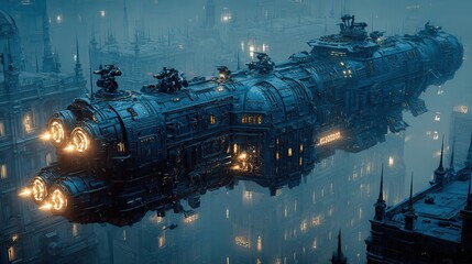 Futuristic Spaceship Gliding Above a Misty Cityscape at Night