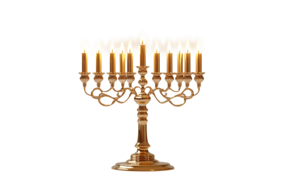 Golden Hanukkah menorah with all nine candles lit, radiating warm light and traditional festive charm isolated on transparent background PNG