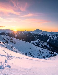 Snowy mountains landscape, sunset. Pink-orange sky, snow-covered peaks