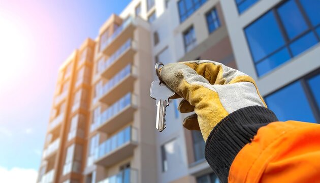 New Homeowner Holding Keys to Apartment Building, Real Estate Concept.
