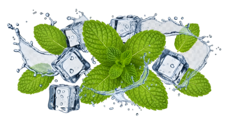 Refreshing Mint Leaves with Ice Cubes and Water Splashes