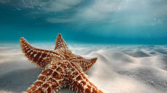 Close-up of a Brown Starfish on a Sandy Seabed, Underwater View with Sun Rays and Turquoise Water, Marine Life