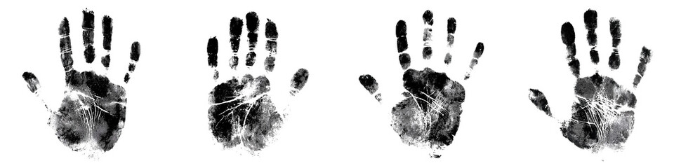 Set of black ink handprint with detailed texture and smudges, isolated on transparent background.