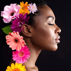 Side profile of a woman with floral hairpiece, eyes closed, dark backdrop