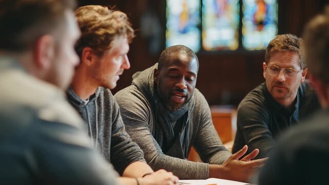 Diverse Group of Men Engaged in Discussion or Meeting Around a Table with Stained Glass Background
