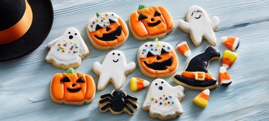 Fototapeta premium The Halloween cookies assortment on rustic blue wooden surface with festive decorations