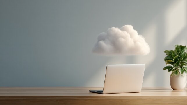 Modern Workspace With a Laptop and a Floating Cloud Above a Plant