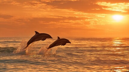   Two dolphins jumping out of the water in front of an orange-blue sky with the sun in the background