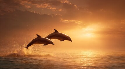   Two dolphins gracefully leaping from the water as the setting sun casts golden beams through cloudy skies
