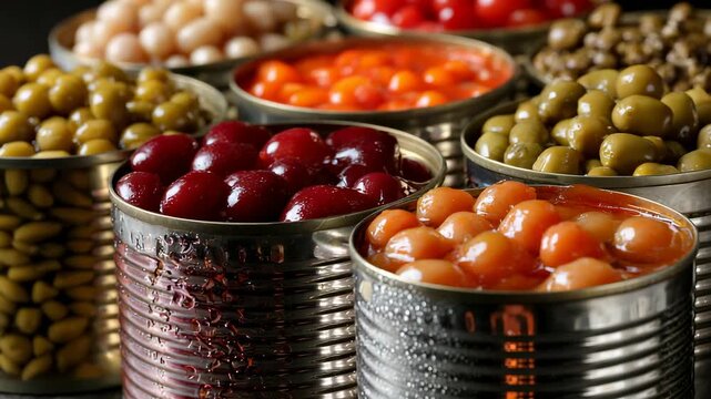 Assortment of Canned Fruits and Vegetables in Metal Tins, Preserved Food, Pantry Staples, Food Storage, Close-up