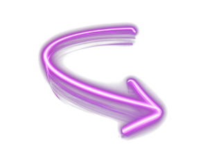 Neon curved arrow with glowing purple light on black background, symbolizing futuristic direction. Transparent PNG for modern, tech, and digital design projects.