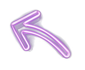 Neon curved arrow with glowing purple light on black background, symbolizing futuristic direction. Transparent PNG for modern, tech, and digital design projects.