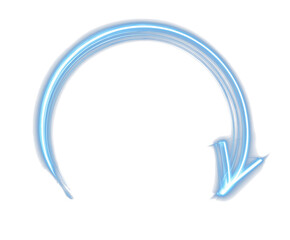 Circular neon curved arrow forming a partial loop with electric blue glow on black background. Transparent PNG for futuristic, tech, and digital design projects.