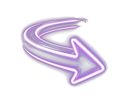 Neon curved arrow with glowing purple light on black background, symbolizing futuristic direction. Transparent PNG for modern, tech, and digital design projects.