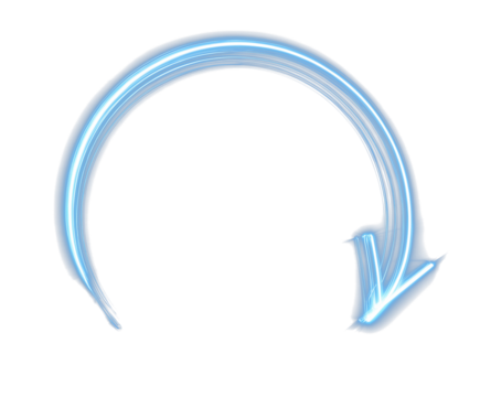 Circular neon curved arrow forming a partial loop with electric blue glow on black background. Transparent PNG for futuristic, tech, and digital design projects.