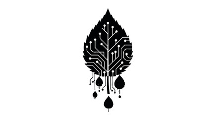 Abstract digital leaf with circuits and flowing drops representing eco technology