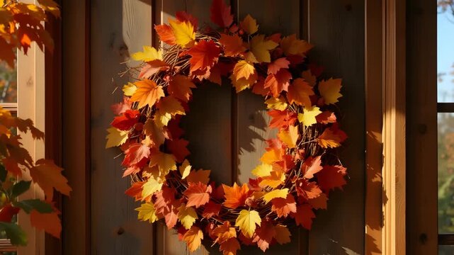 Autumn wreath of colorful leaves against wooden backdrop. This seasonal wreath displays vibrant orange, red, and yellow foliage, complementing rustic wood textures.