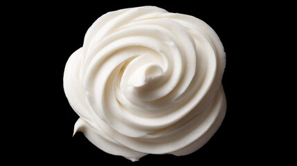 A smooth spiral mound of white frosting sits against a dark background ideal for decorating cakes and pastries during a baking competition. The texture is soft and creamy.